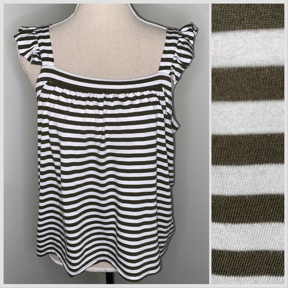 Michael Kors olive green & white striped ruffle strap knit tank top size Medium